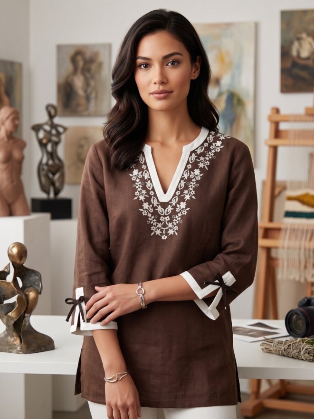 JM Collection Cotton Linen 14W Size 14 Brown Boho Blouse Top Embroidered